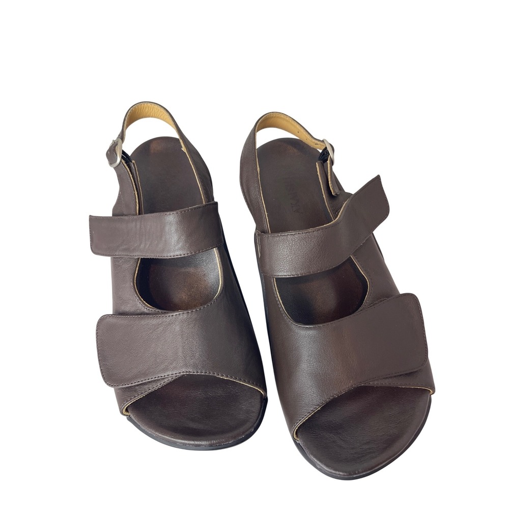 AKAISHI ArchFitter Size 9 Brown Leather Adjustable Strap Wedge Sandals